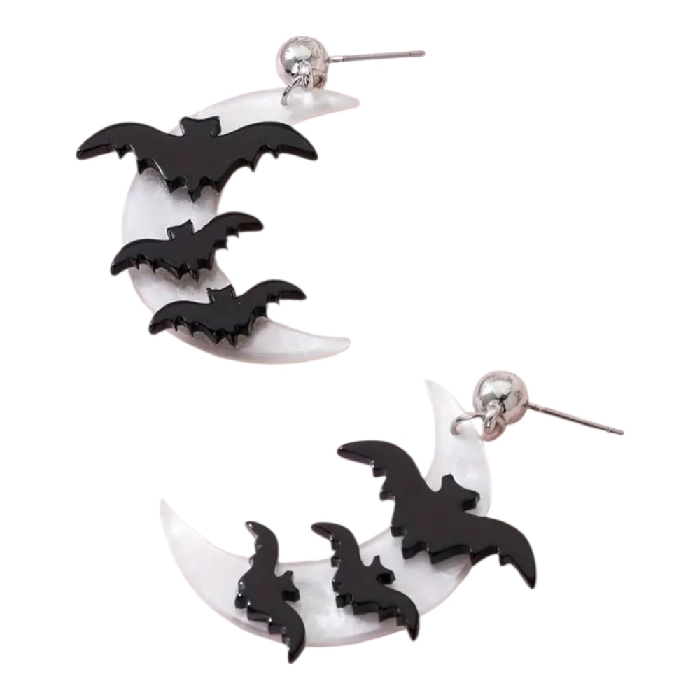 Halloween Bat Moon Earings Black/ White